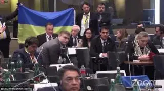 Flaga Ukrainy na sali obrad Zgromadzenia Parlamentarnego OBWE