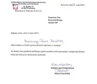 Odpowiedź podkomisji smoleńskiej na interwencję senatorską Krzysztofa Brejzy