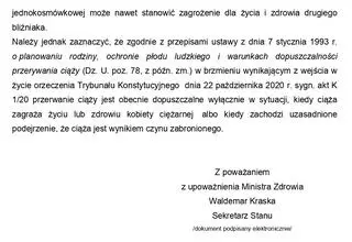 Odpowiedź Ministerstwa Zdrowia na interwencję senatorską Krzysztofa Brejzy w sprawie terminacji ciąży bliźniaczej