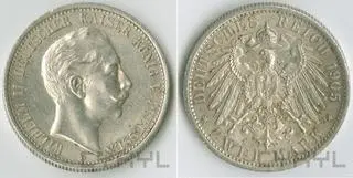 Moneta z wizerunkiem Wilhelma II o nominale 2 marek z 1905 roku