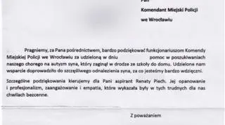 Rodzice chłopca napisali list do komendanta, w którym dziękują policji za odnalezienie syna 