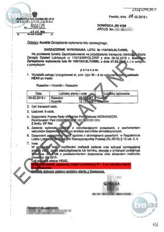 Dokument z prośbą o wydzielenie dodatkowego śmigłowca na lotnisku w Rzeszowie