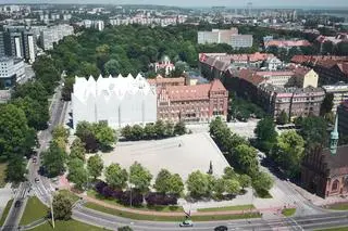 Wizualizacja Centrum Dialogu "Przełomy" w Szczecinie po planowanym dosadzeniu drzew po obwodzie placu