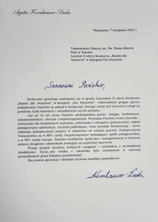 List gratulacyjny od Agaty Kornhauser Dudy 