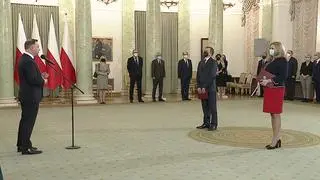 Andrzej Duda, Jacek Chlebny i Joanna Lemańska podczas uroczystości w Pałacu Prezydenckim
