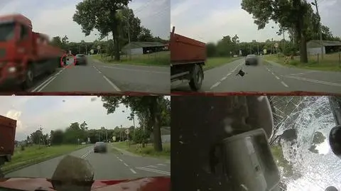 Stalowy przedmiot spadł z ciężarówki i wpadł do auta przez przednią szybę