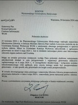 Rektor WUM Zbigniew Gaciong zakazuje włączenia systemu do elektronicznego wyboru rektora