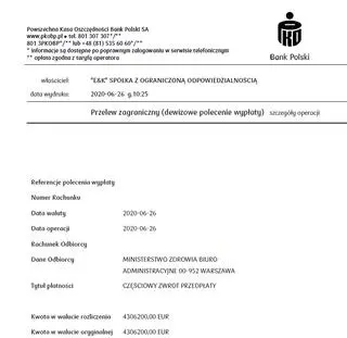 Częściowy zwrot przedpłaty - przelew bankowy z 26 czerwca