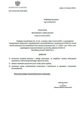 Polecenie Wojewody Lubelskiego o wprowadzeniu zakazu odwiedzin w szpitalach 
