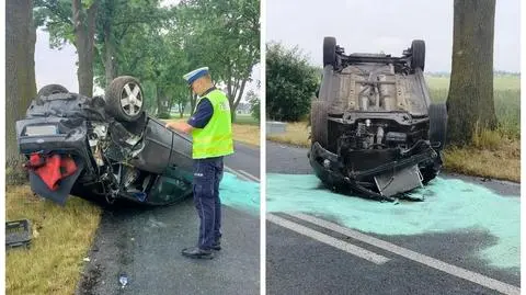 Samochód osobowy wpadł w poślizg, uderzył w drzewo, a następnie dachował