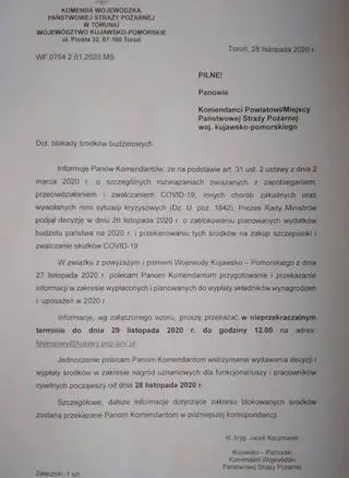 Pismo Komendanta Wojewódzkiego Państwowej Straży Pożarnej