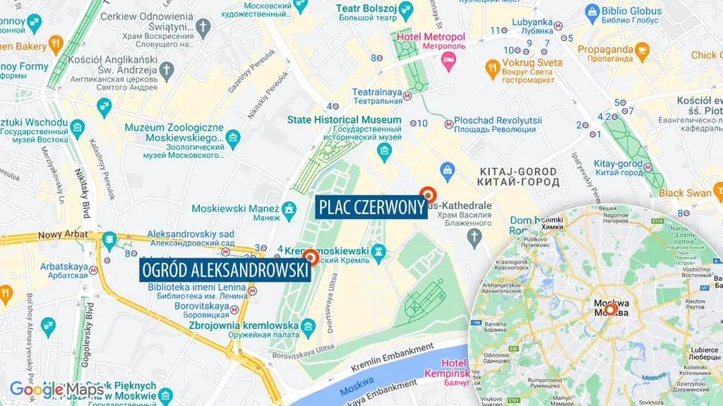 Kreml i Ogród Aleksandrowski na mapie Moskwy 