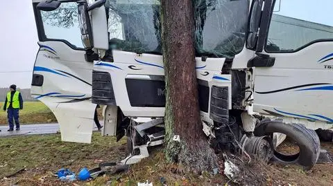 Po zderzeniu zjechał z drogi i uderzył w drzewo. Kierowca tira nie przeżył