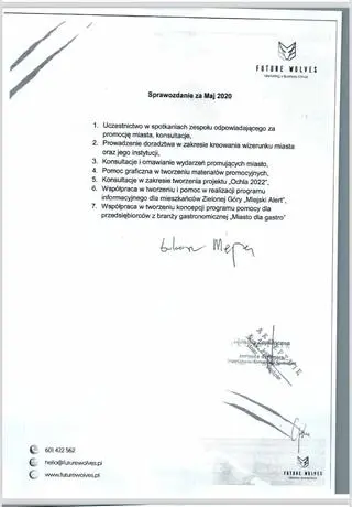 Jedno z comiesięcznych sprawozdań z "kreowania wizerunku miasta", jakie w urzędzie w Zielonej Górze złożył Łukasz Mejza