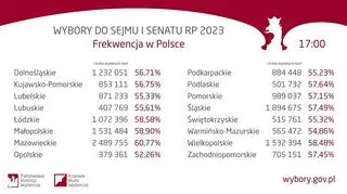 Frekwencja wyborcza na godzinę 17 w poszczególnych województwach