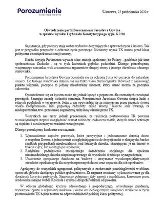 Oświadczenie partii Porozumienie Jarosława Gowina