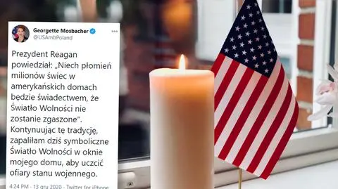 "Światło Wolności" w oknie amerykańskiej ambasador w Polsce Georgette Mosbacher