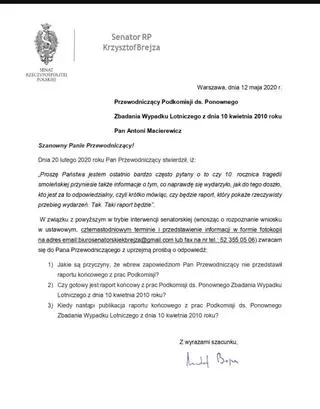 Interwencja senatorska Krzysztofa Brejzy w sprawie raportu podkomisji smoleńskiej