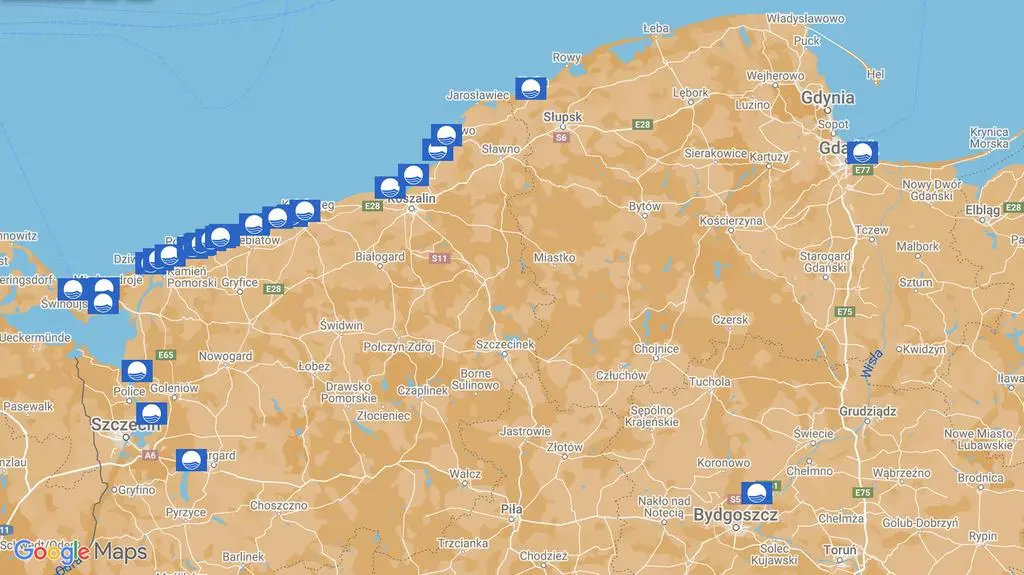 Mapa kąpielisk, które otrzymały Błękitną Flagę