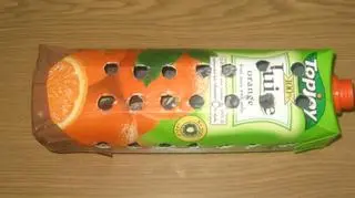 Papugi schowane w środku opakowania po soku