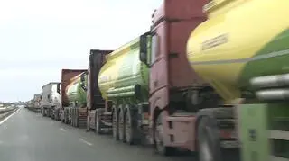 A line of trucks at the border crossing between Poland and Ukraine in Dorohusk