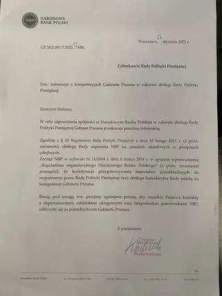 Pismo dyrektor gabinetu prezesa NBP Kamili Sukiennik