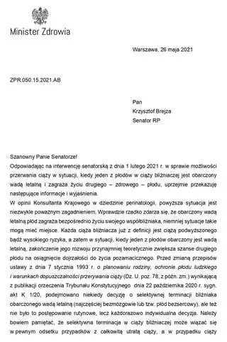 Odpowiedź Ministerstwa Zdrowia na interwencję senatorską Krzysztofa Brejzy w sprawie terminacji ciąży bliźniaczej