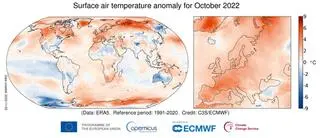 Anomalia temperatury powietrza na powierzchni Ziemi dla października 2022 roku względem średniej dla tego miesiąca z okresu 1991-2020