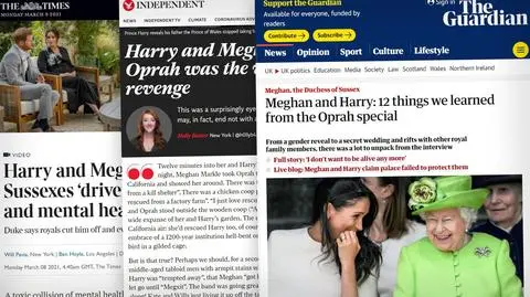 "Symbioza z tabloidami", "uwięzienie" i rola Elżbiety II. Brytyjskie media o wywiadzie Meghan i Harry'ego