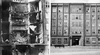 Po lewej budynek tuż po II wojnie światowej, po prawej już po odbudowie 