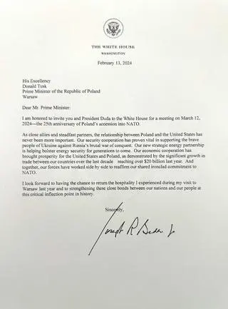 "Fakty" TVN dotarły do zaproszenia, które Joe Biden wysłał do Donalda Tuska 