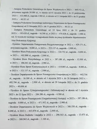 Dokumenty dotyczące zarobków w Prokuraturze Krajowej
