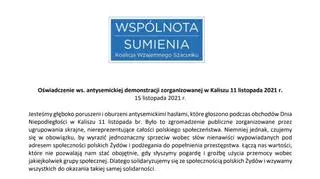 Oświadczenie ​Wspólnoty Sumienia – Koalicji Wzajemnego Szacunku w sprawie ​antysemickiego marszu w Kaliszu 