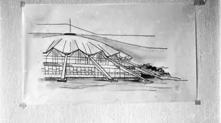 Rysunek elewacji Sali Sportowo-Widowiskowej Arena zbudowanej według projektu arch