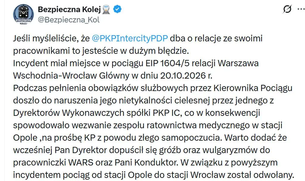Wpis na X z profilu Bezpieczna Kolej