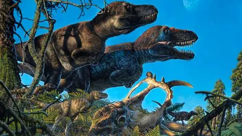 Artystyczna wizja tyranozaurów i ich młodych na terenie Arktyki w okresie kredy (autor: James Havens)