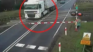 Kierowca tira wjechał na przejazd mimo czerwonego światła i opadających rogatek
