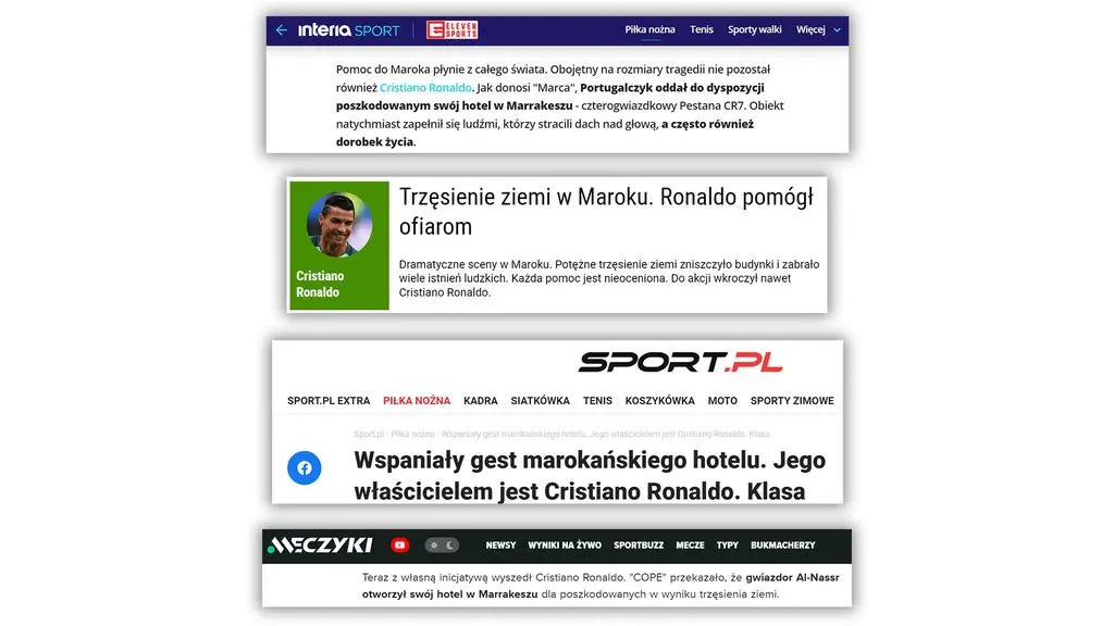 Informacje mediów o tym, że "Ronaldo pomógł ofiarom" i okazał "wspaniały gest"