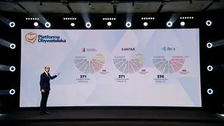 Borys Budka pokazuje sondażowe wyniki Zjednoczonej Opozycji