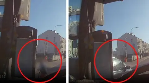 Dziecko wjeżdża hulajnogą na pasy, nagle pojawia się auto. Nagranie