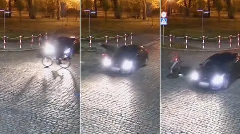 Rowerzysta wyleciał w górę po potrąceniu przez auto. Jechał prawidłowo. Nagranie