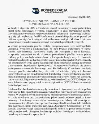 Oświadczenie Konfederacji w związku z usunięciem profilu na Facebooku 
