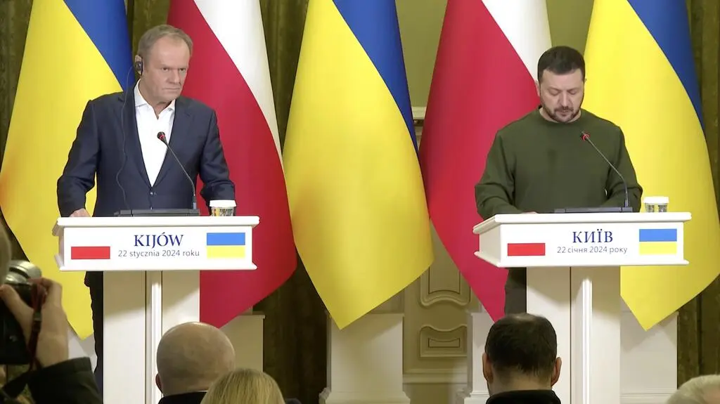 Donald Tusk i Wołodymyr Zełenski w czasie konferencji prasowej 