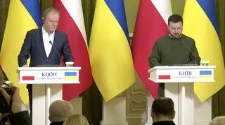 Donald Tusk i Wołodymyr Zełenski w czasie konferencji prasowej 