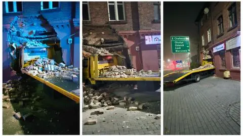 Najechał na leżące na jezdni koło, chwilę później uderzył w budynek 