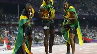 Trójka medalistów z Jamajki: od lewej :Warren Weir, Usain Bolt i Yohan Blake (z prawej)