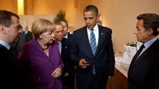 Angela Merkel w towarzystwie premiera Rosji Dmitrija Miedwiediewa, Silvio Berlusconiego, Baracka Obamy i Nicolasa Sarkozy'ego, 2010