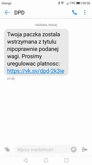 Przykładowa fałszywa wiadomość od oszusta
