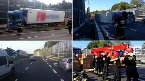 Tir wjechał na pas zieleni i przewrócił się na jezdnię