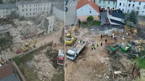 Miejsce katastrofy budowlanej w dniu zdarzenia i cztery dni później